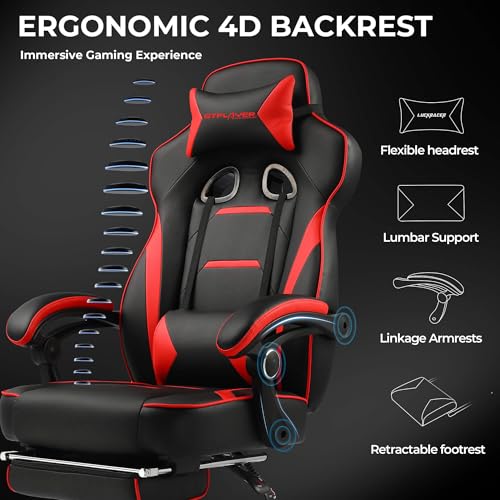 GTPLAYER Gaming Chair with Footrest, Big and Tall Game Chair 350lb Racing Style Computer Chair, Ergonomic Executive Office Chair High Back with Lumbar Support and Recliner, Red