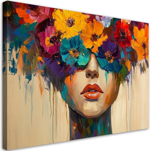 Feeby - Tableau sur Toile - Decoration Murale Peinture - Art abstrait Femme avec des fleurs - 90x60 1partie - Chambre Toiles Intissé - Tableaux chambre à coucher -...