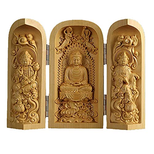 【仏像】 柘植木彫り 置物 三開仏 【総柘植・彫刻置物】 ミニ型 ツゲ 木彫仏像 (高さ10cm、直径5cm) 祈る 開運 (座西方三聖)