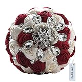 Amoleya 7 Inch Customization Romantic Burgundy Wedding Bride Holding Bouquet with Satin Roses and Rhinestones
