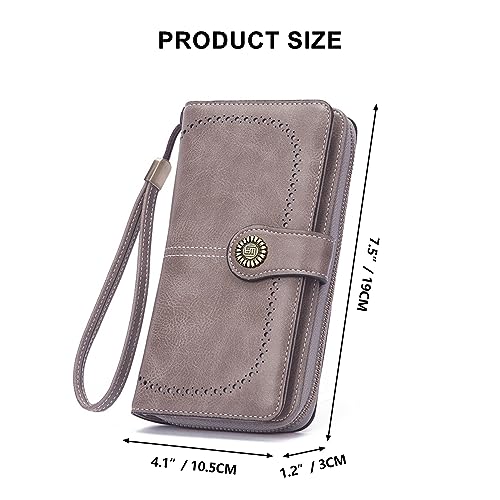 Image of Mokoze Wallet for Women, PU Leather Large Capacity Wallets with Wrist Strap and Zipper for Hold Credit Cards /Cell Phones /Keys, Girlfriends Mother's Day Gifts, Grey, 7.48 inch x 4.13 inch x 1.18 inch, Bifold