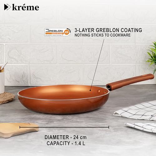 Image of Kreme Sonet Non Stick Frying Pan, 24 cm Diameter, Low Oil Cooking, Easy to Clean, Induction and Gas Compatible, PFOA Free, Cooking, Frying, cookware, Bronze
