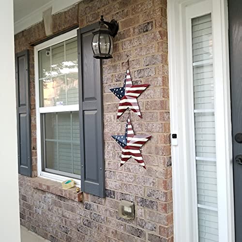 Metal Patriotic Barn Star Hanging Wall Decor Set of 2 Rustic American Flag Metal Barn Star Wall Art Decor 4th of July Decoration Indoor Outdoor Star Decor