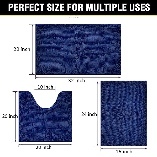 Image of Bathroom Rugs Chenille 3-Piece Extra Soft and Absorbent Shag Bathroom Rugs, Machine Wash Mat, Strong PVC Non-Slip Underside, Plush Carpet Mats (Navy Blue)