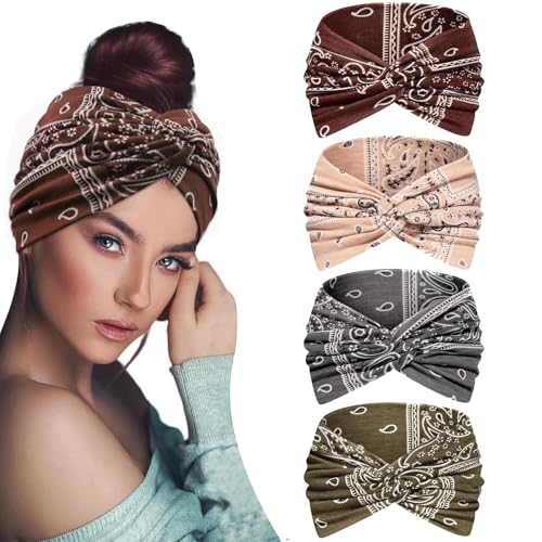 CHUANFU 4 Piezas Diadema Mujer Cinta Pelo, Bohemia Elástico Anchas Turbantes, Headband Accesorios Diademas de Moda para Mujer para Yoga, Deportivo y Maquillaje (A)