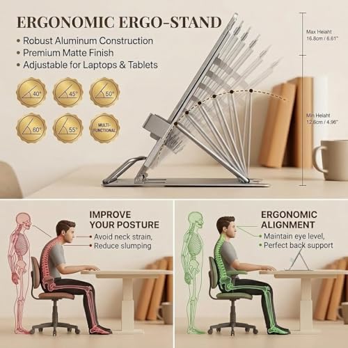 Image of Adjustable Metal Book Stand for Study, Cookbook Holder for Kitchen, Foldable Book Holder, Ergonomic Reading Rest with Page Clips, Multi-Angle Desktop Stand for Books, Tablets, & Office Use