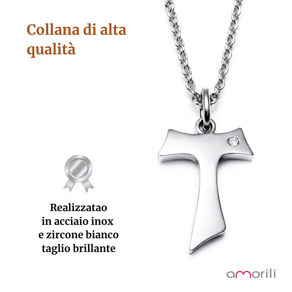Collana Tau Francescano Uomo Donna in Acciaio Inox con Zircone Bianco – Pendente Religioso Cattolico Cristiano Simbolo di San Francesco – Gioiello Spiritualità Fede Regalo