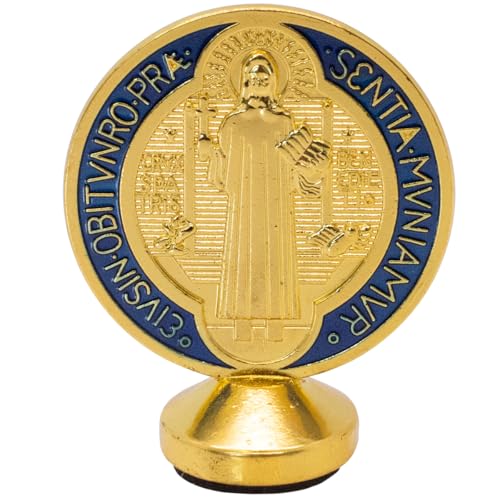 Estatua de San Benito con medalla dorada y esmalte azul y rojo miniatura 3