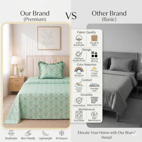 Image of BSB HOME 240 Tc Premium Single Bed Bedsheet, Soft Comfortable Bed Sheet with 2.5 Inches Frill Border, Stylish Printed Bedding for Bedroom, Elegant Bedsheet, 60 x 90 Inches - Muted Sage
