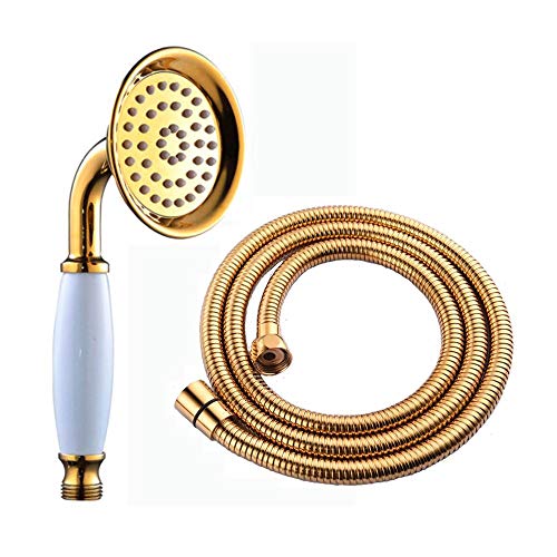 全銅金メッキBハンドヘルドシャワーヘッドホースセット、蛇口シャワーホースセット、ヨーロッパアンティークレインシャワーヘッドセット (ゴールド)