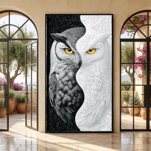 Tableau hibou noir et blanc 80x140 cm pour salon moderne
