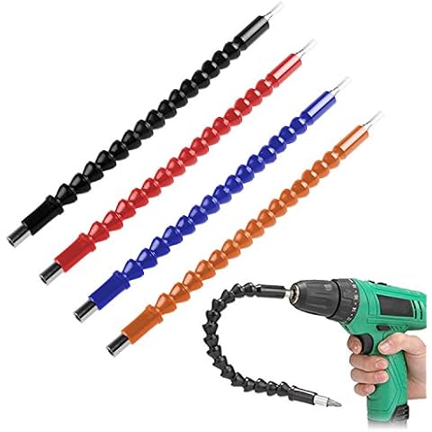 4 Pcs Flexible Drill Bit Extension, Screwdriver Soft Shafts, 11.6 inch, FineGood Universal Drill Connection - Black, Red, Blue, Orange Cover