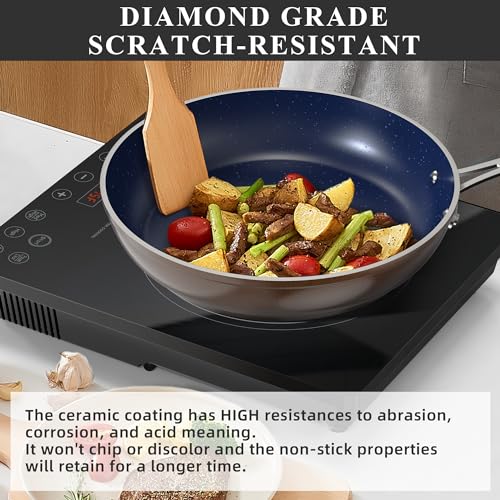 Nuwave Healthy Duralon Blue Ceramic Nonstick Cookware Set, Diamond Infused Scratch-Resistant, PFAS Free, Dishwasher & Oven Safe, Induction Ready & Evenly Heats, Tempered Glass Lids & Stay-Cool Handles