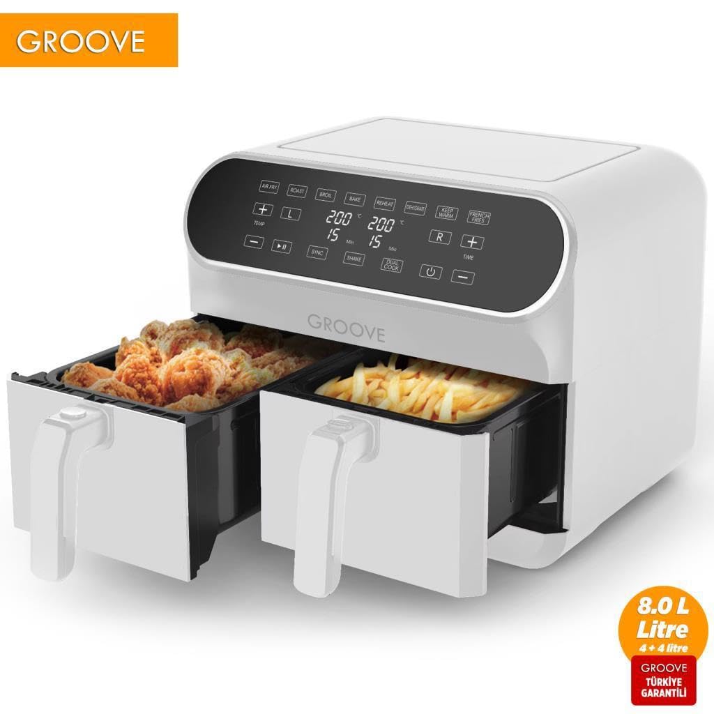 Groove Max Plus XXL 1800W 8Lt Çift Hazneli Smart Airfryer Yağsız Sıcak Hava Fritözü Beyaz