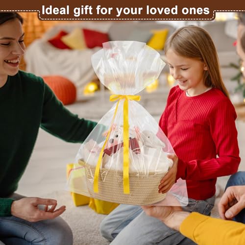 Image of OIAHOMY Gift Basket with Handle, Small Woven Basket with Gift Bag, Ribbon and Wrap Tissue Paper, Nursery Bins Empty to Fill with Small Items, Baby, Pet Toy Organizer - Yellow