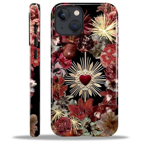 ANLUN STORE Case for iPhone 13 iPhone 14, Hybrid Dual Protection Soft TPU + Hard PC Shockproof Cover Anti-Scratch & Slim Protective for Men Women Case Gothic Red Heart Mysterious Flower Design