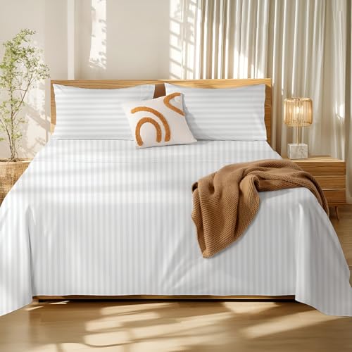 Image of Bedsheets for Single - 60X90 Inch Bed - Microfiber Plain Stripe White Bed Sheet Include Pillow Cover, Ultra Soft | for Home, Hotel, Villa, Resort and Guest House
