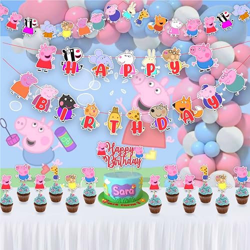 Peppa Pig-Themed Birthday Party Supplies Fun Celebration Set Includes Banner Garland Cake Topper Cupcake Toppers  Vibrant & Easy to Assemble