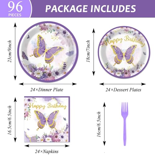 Image of ZOIIWA 96 PCS Purple Butterfly Birthday Party Tableware Set - Butterfly Themed Party Decorations, Plates, Napkins, Forks for Girls, Women, Baby Shower Favors