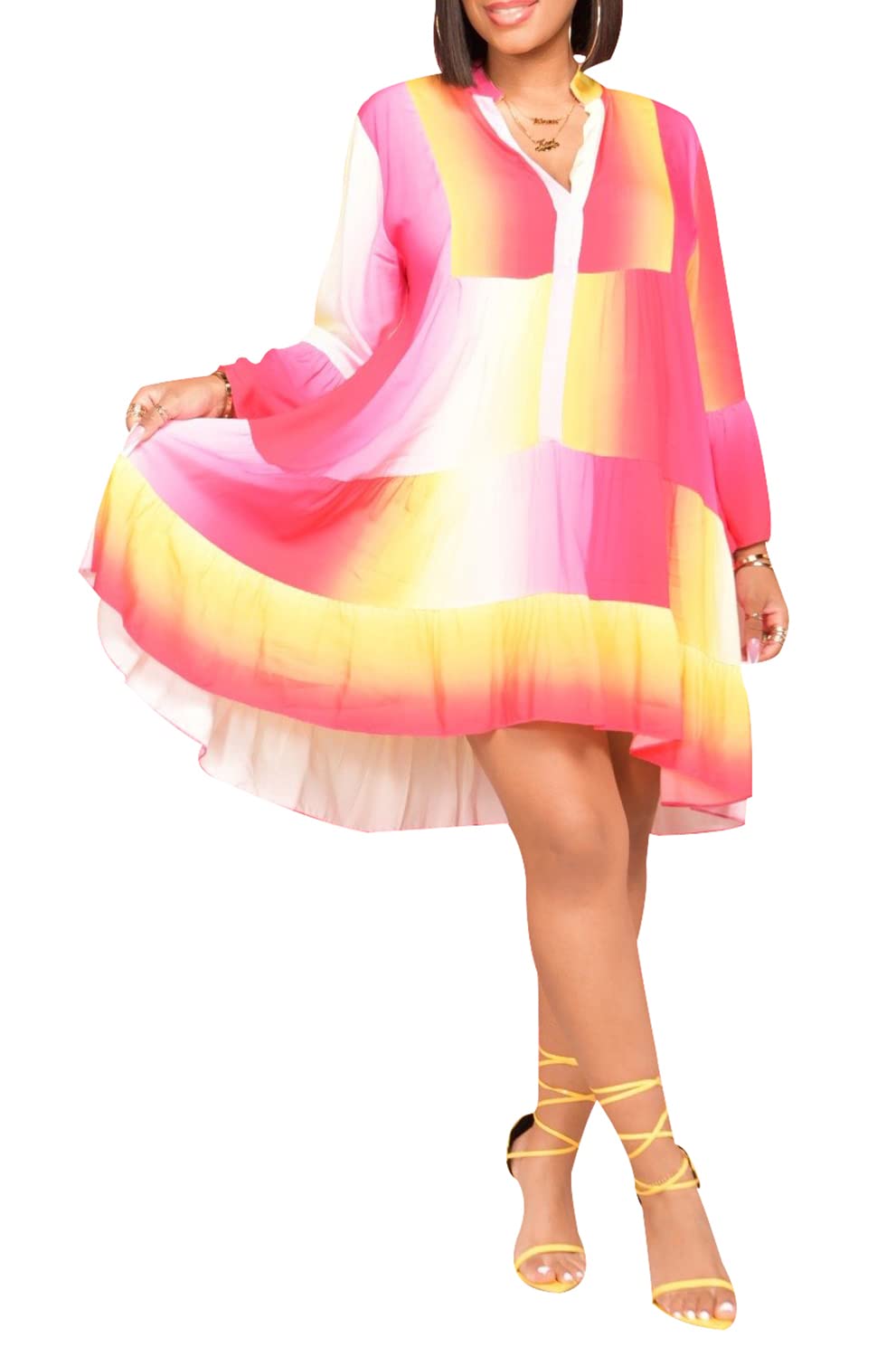 FairyLove Women Wedding Ruffle Dresses Flowy Puffy with Deep V Neck Pleated Hem Lantern Long Sleeve Bell Sleeves