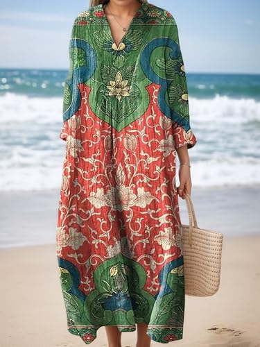 Womens Flowy Oversized Baggy Boho Floral V Neck Midi Dresses Long Sleeve Casual Loose Dress with Pockets2