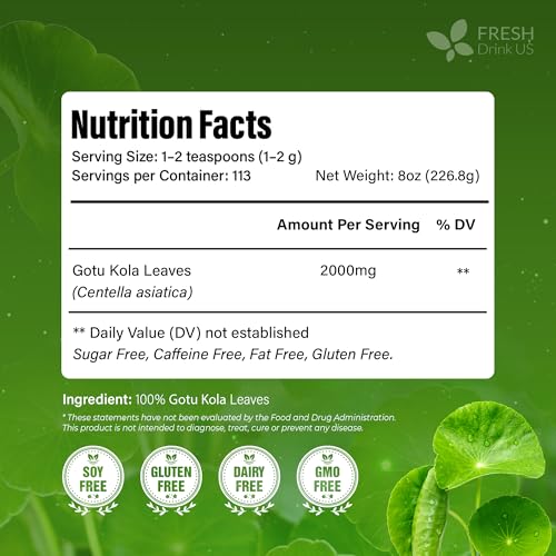 Image of FreshDrinkUS, Premium Gotu Kola Leaves (Centella asiatica) | 8 oz Dried Loose Leaf | Naturally Mild & Earthy Herbal Tea - Premium Quality Leaves. Sugar-Free. Caffeine-Free. Vegan