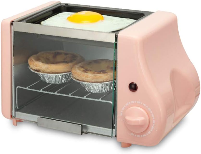 Electric Oven Mini,Mini Oven with Hob and Grill,Table Top Cooker with Oven,Flip The Glass Door Up and Down, Move The Glass Door Handle, 15 Minute Timer Switch, with Frying Pan,Pink