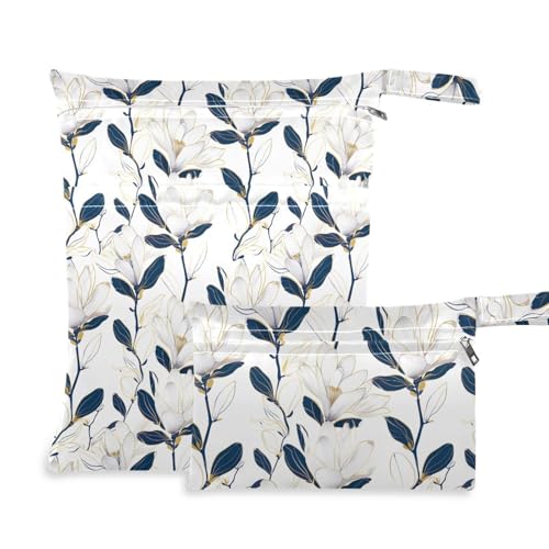 Coikll Wet Dry Bags for Cloth Diaper 2 Pack Waterproof Yoga Gym Bag for Swimsuit Wet Clothes Baby Items-?White Lotus Flower?