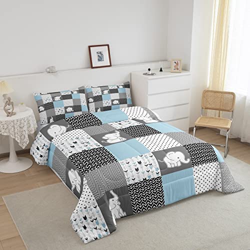 Cute Elephant Comforter For Boys Kids Girls Blue Grid Comforter Set Full Size Home Decor Soft Lovely Animals Bedding Set Wavy Stripes All Season Teens Bedroom Down Duvet,1 Comforter With 2 Pillowcase #TOP2