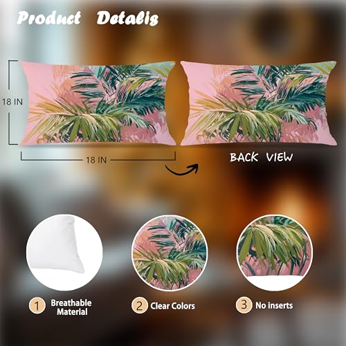 Image of Summer Pink and Green Tropical Palm Leaf Decorative Throw Pillow Cover Decor 20x12,Palm Leaf Botanical Decorative Lumber Beach Plant Throw Pillow Cover for Cabin Couch Double-Sided Set of 2