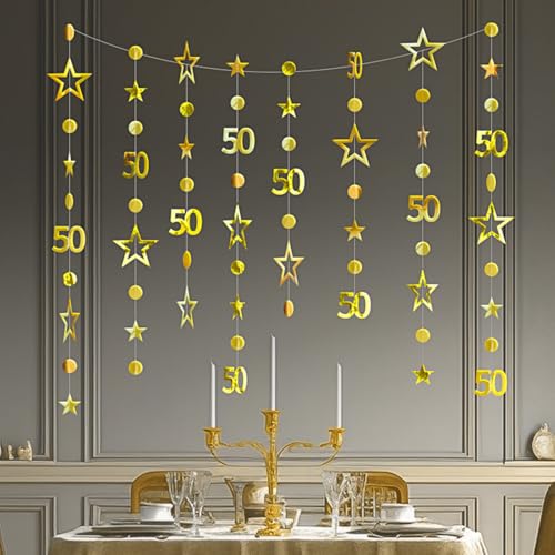3m Long 50th Birthday Decorations 50th Birthday Banner Gold-Colored Bir-thday Party Decorations 50-th Gold Circle Dots Star Garland Birth-day Party Decora-tions Happy 50-th Birth-day Banner