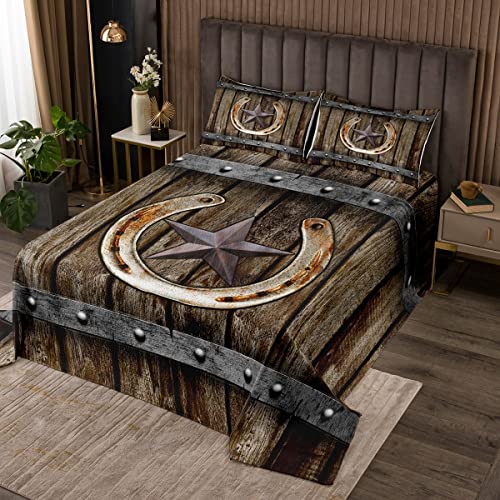 Erosebridal Rustic Farmhouse Bedspread,Rusty Horseshoe Texas Star Quilt Set Brown Vintage Western Country Cabin Quilted Bedding for Boys Adults Men Old Barn Wooden Garage Door Coverlet Set 3 Pcs,King