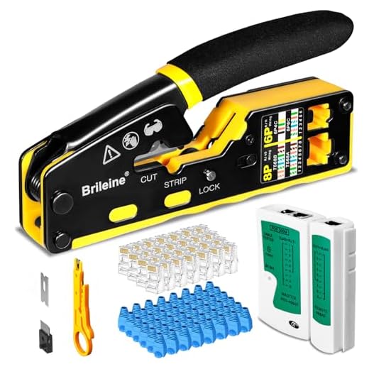 Brileine RJ45 Crimp Tool Pass Through Kit Ethernet Crimper Cat5 Cat5e Cat6 Crimping Tool for RJ11/RJ12 6P/8P with Network Lan Cable Tester, 50PCS Cat6 Connectors, 50PCS Boots, Mini Cable Stripper