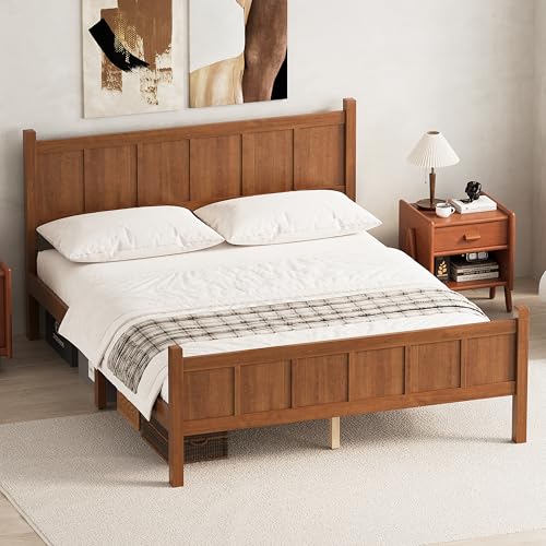 Image of Queen Size Vintage Bed Frame with Headboard, Farmhouse Wooden Platform Bed with Under-Bed Storage, Minimalist Modern Wood Grain Finish Bedframe for Bedroom (Light Walnut)