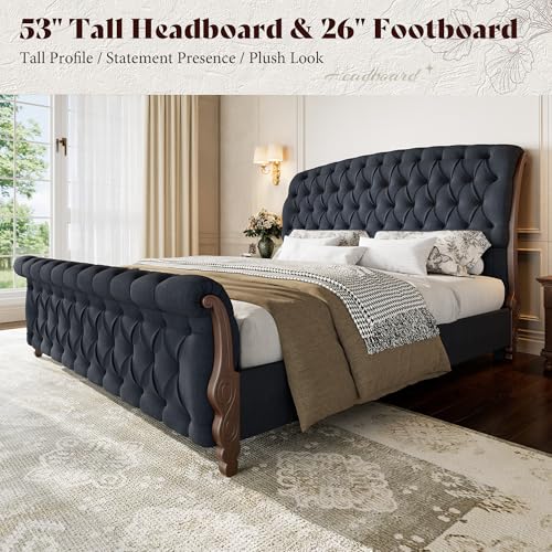 Image of AMERLIFE Upholstered Queen Bed Frame, 53 inch Tall Sleigh Bed with Button Tufted Chenille Headboard and Footboard, Platform Bed with Carved Solid Wood Legs, No Box Spring Needed, Black