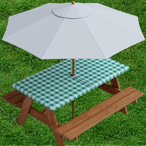 sorfey vinyl umbrella rectangle fitted tablecloth cover, checkered design, flannel backed lining 30x96 inch, green