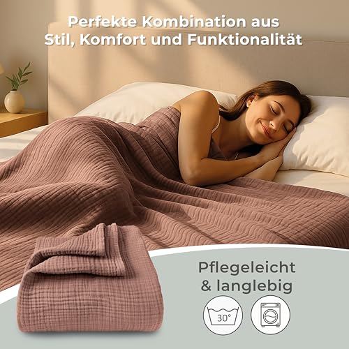 LAYNENBURG Premium Musselin Tagesdecke 180x220 cm - 100% Baumwolle - extraweiche Baumwolldecke als Kuscheldecke, Bett-Überwurf, Sofa-Überwurf, Couch-Überwurf - warme Sofa-Decke (Mokka)