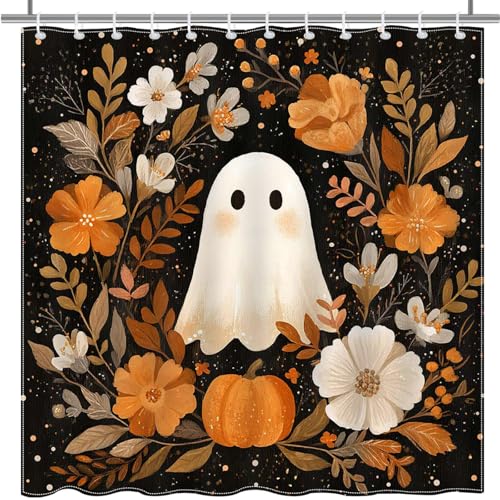 72" x 72" Mocsicka Halloween Ghost & Pumpkin Shower Curtain w/ Hooks - image 5