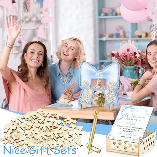 Image of Wenqik 63 Pcs Coquette Blue Bow Baby Shower Guest Book Alternatives Set Baby Shower Decorations with Photo Frame Sonogram Frame Keepsake 60 Wood Slices Guest Book for Birthday