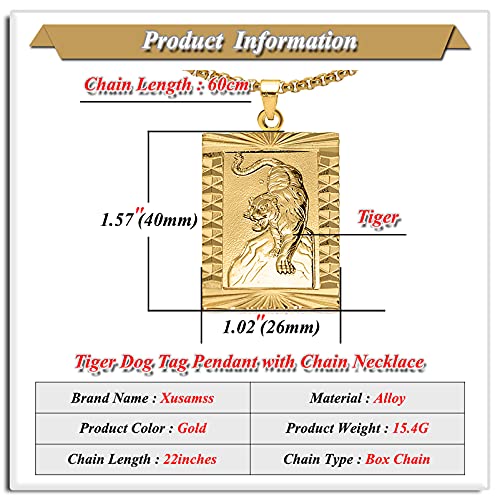 Xusamss Punk Jewelry Plated 18K Gold Tiger Dog Tag Pendant Necklace,22inches Box Chain2
