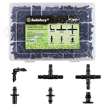 Kalolary 300PCS Irrigation Fittings Kit, Drip Irrigation Barbed Connectors for 1/4-Inch Vegetable Garden Lawn Water Hose Connectors(105 Straight Barbs+75 Tees+35 Single Barbs+30 Elbows+30 End Plug+25 4-Way Coupling)