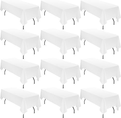 Paquete de 12 manteles rectangulares de poliéster de 60 x 126 pulgadas, color blanco para mesas rectangulares de 8 pies, mantel de tela lavable para