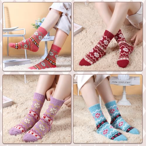 Image of ICEIVY Womens Socks 5 Pairs Wool Warm Cotton Thick Vintage Casual Winter Cabin Crew Fuzzy Socks Gifts For Women