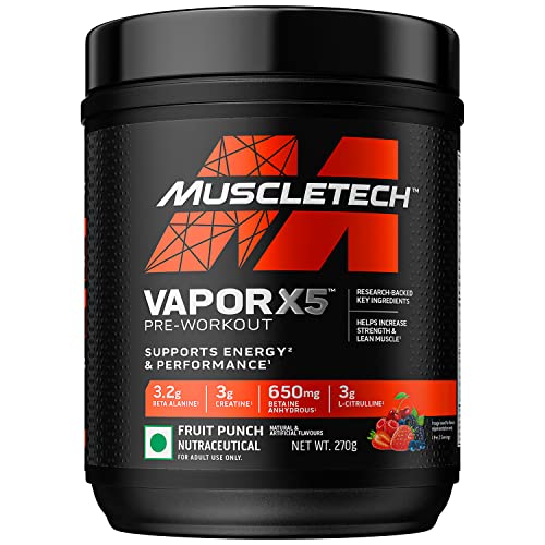 Image of MuscleTech Vapor X5 Pre Workout Powder Support Energy and Performance with Creatine Monohydrate, Beta Alanine, L-Citrulline & Caffeine - Fruit Punch Blast, 30 Servings, 270g