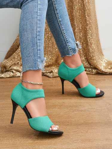 Image of Peep Toe Heels for Women Sexy 3 Inches Stiletto Heeled Sandals for Women Open Toe Wide Stretchy Knit Heel Sandal Booties Slip On Comfortable Dressy Shoes for Prom, Party and Work