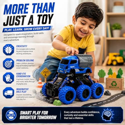 Image of Die Cast Monster Truck Toy for Kids | Heavy Duty Vehicle with Big Wheels | Strong Metal and ABS Plastics Build | Action Packed Push Play Truck | Gift Choice Blue Colour