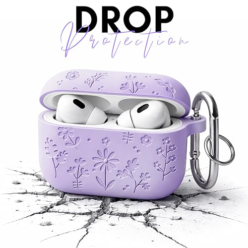 Image of Emoh Roced Case for Airpods Pro 3,Silicone Flower Engraved Cases Compatible with Apple AirPods Pro 3rd Generation 2025, Shockproof, Anti-Scratch, Protective Case Cover (Lavender, for AirPods pro 3)