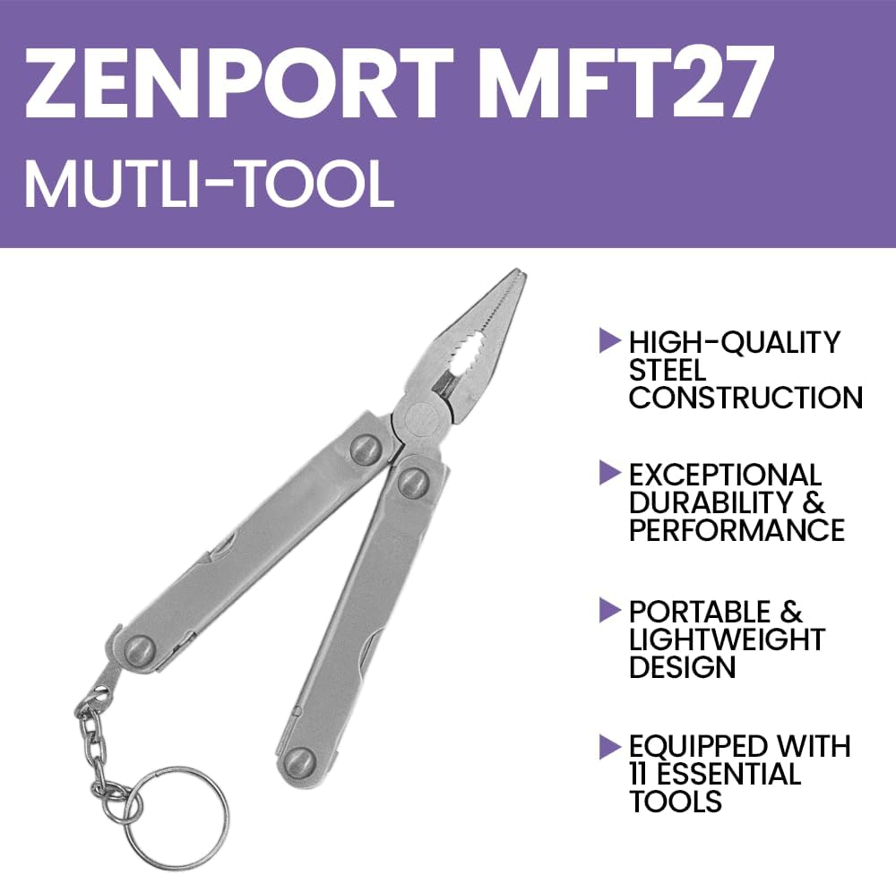 Zenport MFT27 Mini 12-Function Multi-Tool w/Case, Silver - 3 Pack