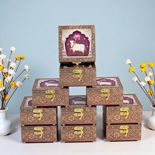 Image of Kamdhenu Wooden Jewellery Box | Handcrafted Decorative Storage Organizer | Traditional, Multipurpose Keepsake Box for Rings, Earrings & Small Accessories | Pink Lotus, Pack of 10