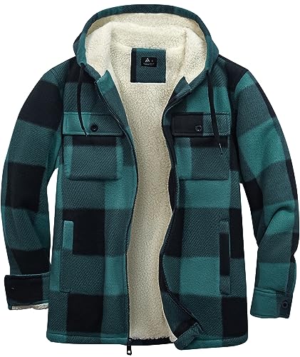 JACKETOWN Men's Fleece Jackets Checked Flannel Shirt Long Sleeve Casual Work Plaid Shirt Full Zip Up Warm Hoodie WinterJacke Outwear Lined Padded Lumberjack Checked